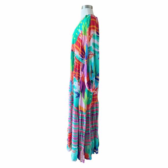 Colorful Maxi Dress Oversized V-Neck Long Sleeves Tropical Bold Print Small NEW - Picture 6 of 7